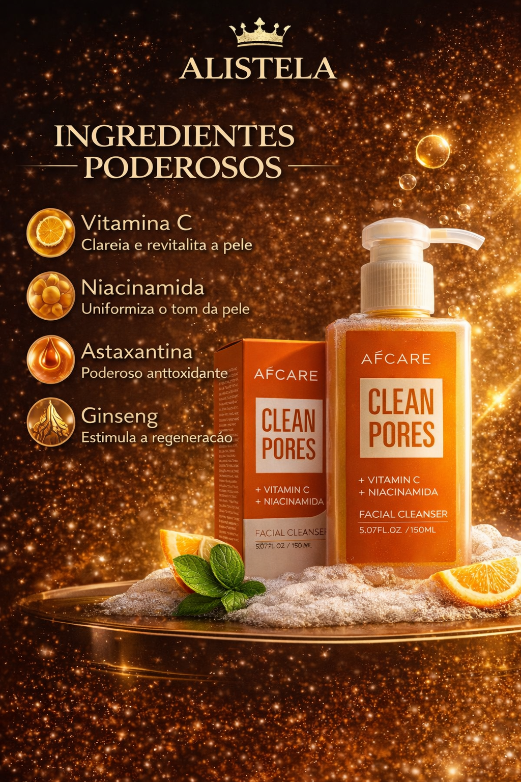 Limpador Facial Vitamina C + Ácido Hialurônico 150ml | Limpeza Profunda e Hidratação